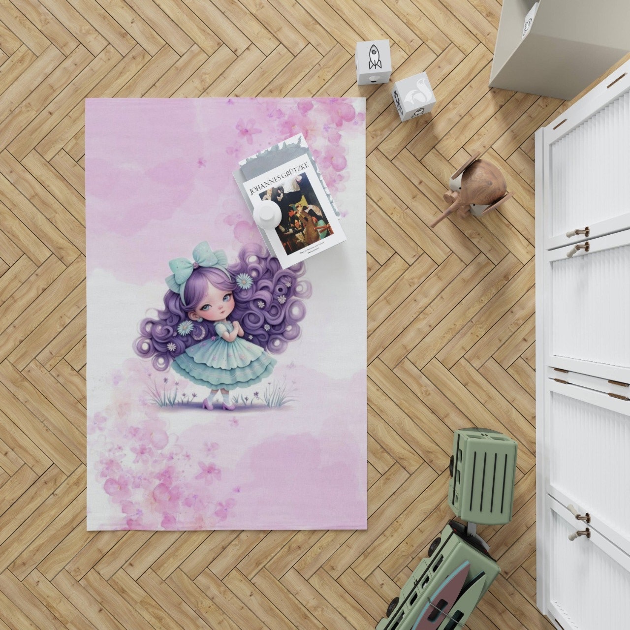فرشینه دخترانه فانتزی سه بعدی طرح دختر موفرفری بنفش