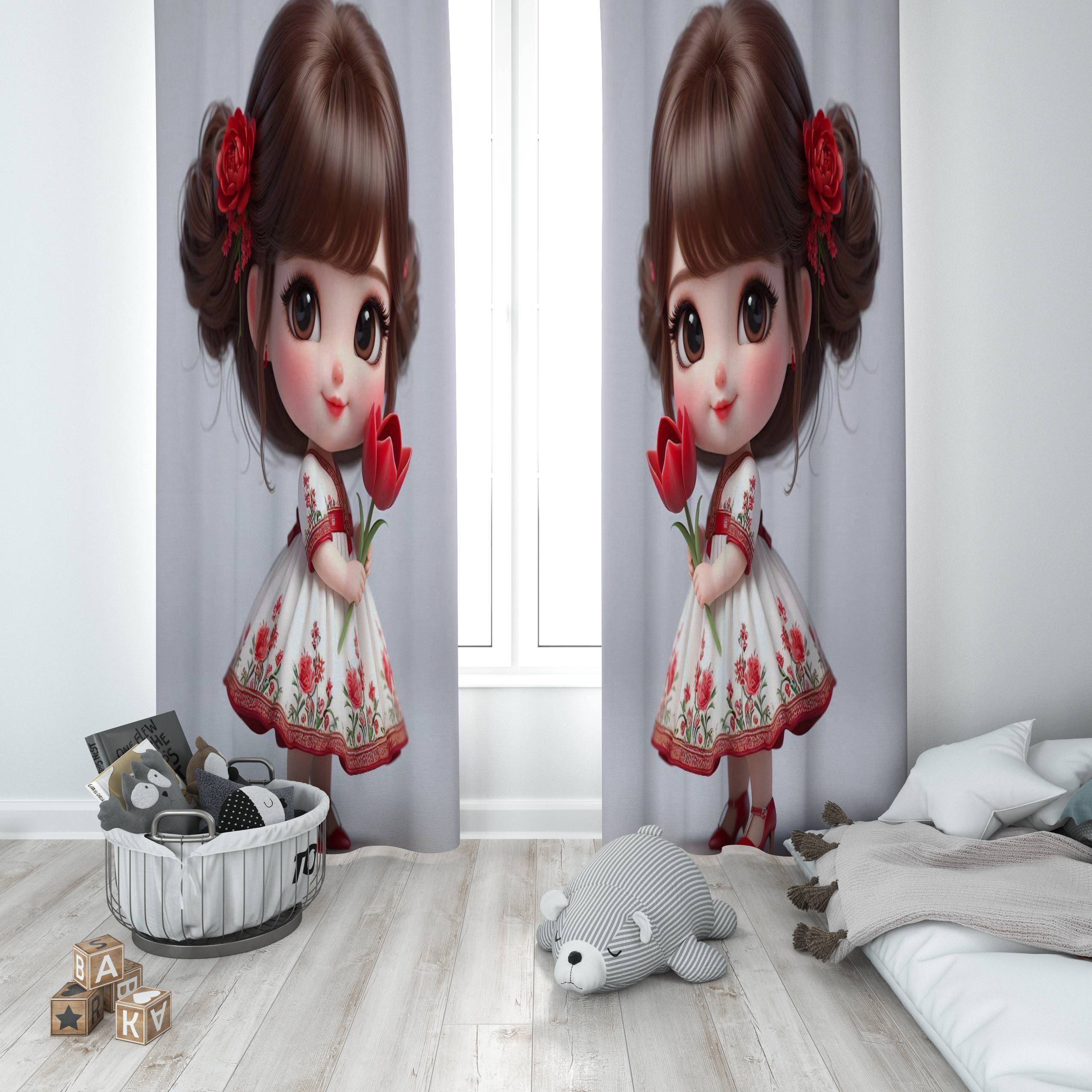 پرده پانچی دخترانه طرح دختر و گل رز