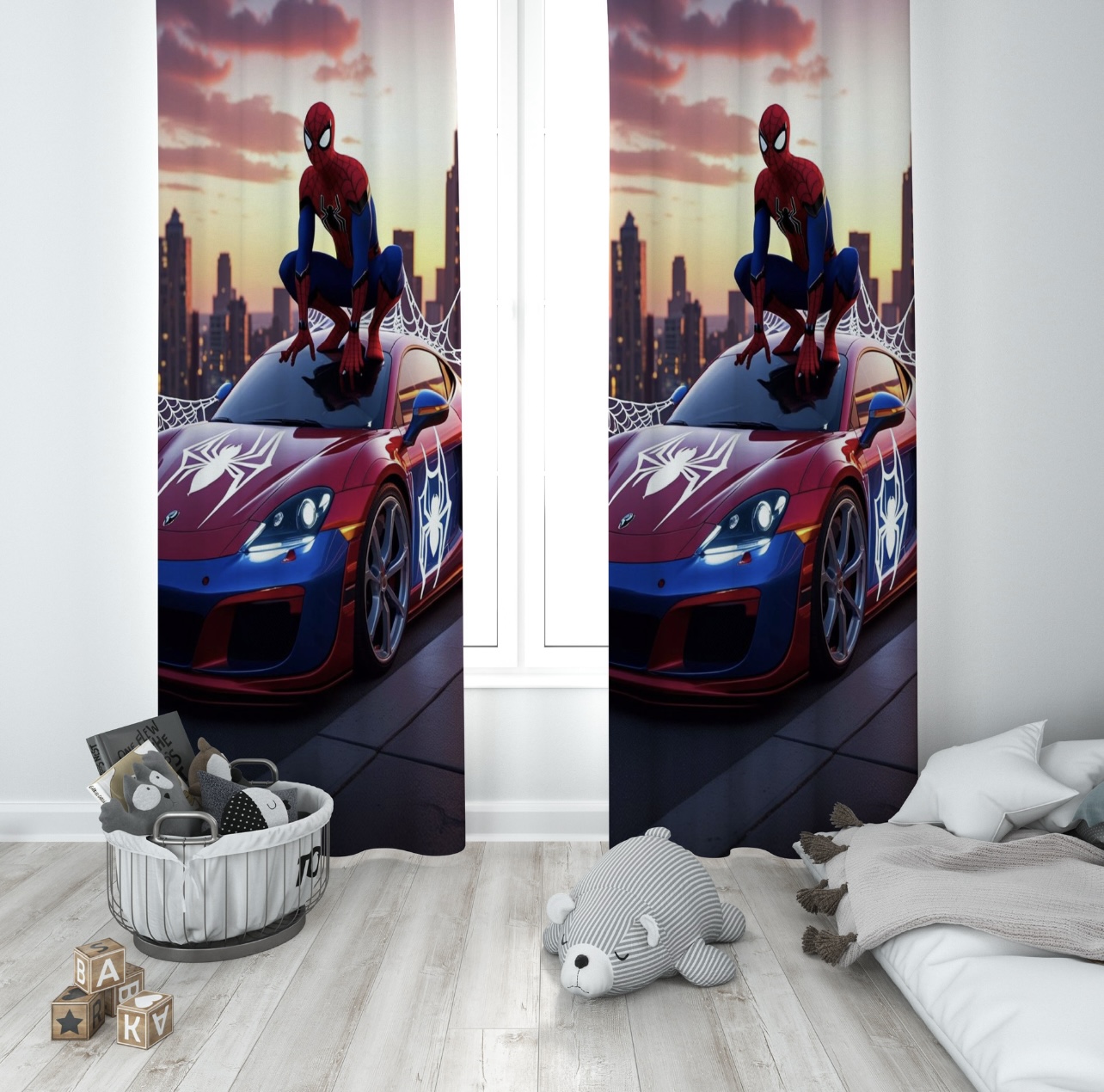 پرده پسرانه طرح مرد عنکبوتی و ماشین